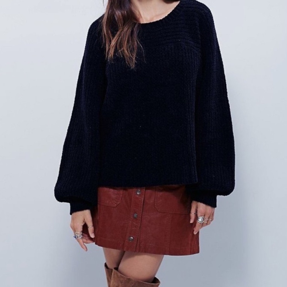 Free People Don’t Let Me Go Sweater Black Balloon Sleeve Chunky Knit Slouchy-S